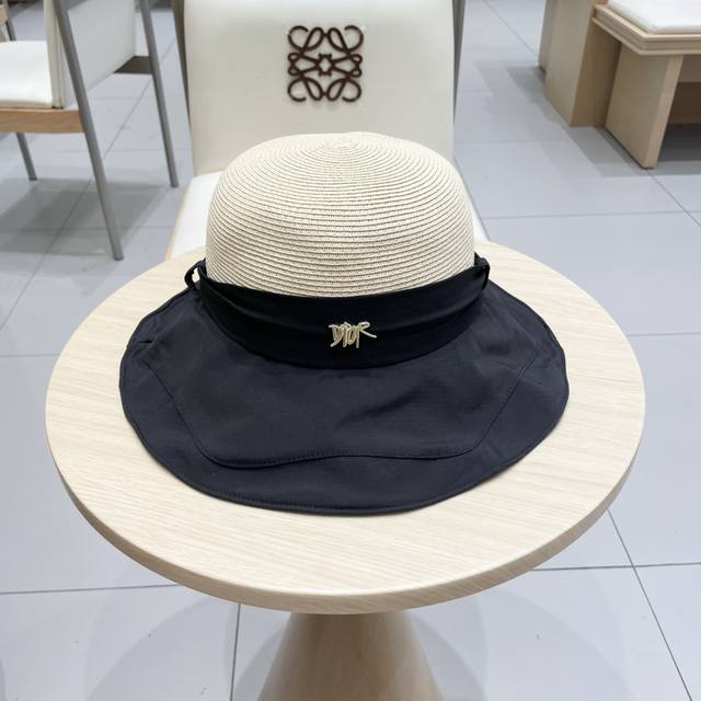 Dior迪奥夏季大檐蝴蝶结遮阳草帽女出游百搭度假风防晒帽显脸小渔夫帽