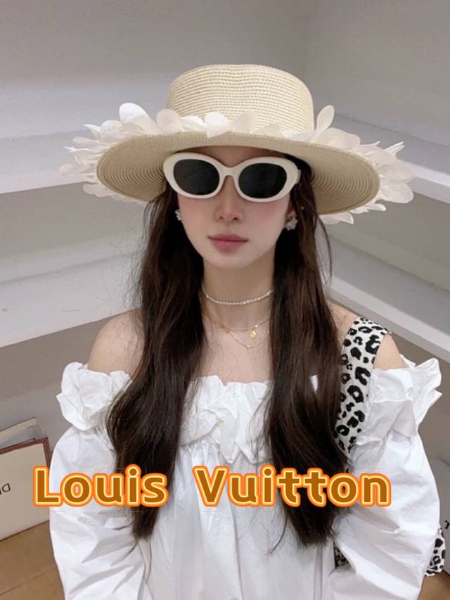 路易威登Louisvuitton 质感高级 日系优雅珍珠蕾丝花边草帽女2025春季新款宽檐显脸小