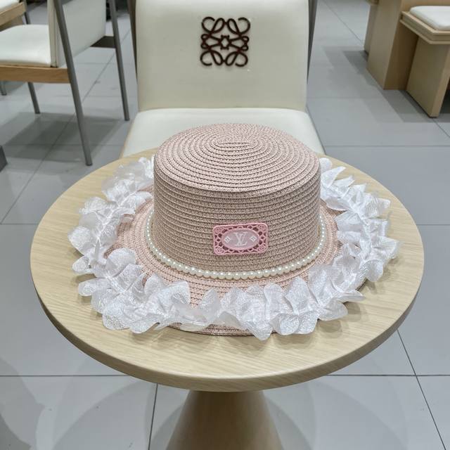 路易威登Louisvuitton 质感高级 日系优雅珍珠蕾丝花边草帽女2025春季新款宽檐显脸小