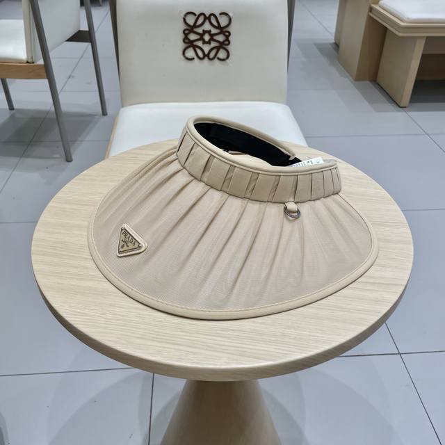 Prada普拉达夏季新款大檐空顶帽女户外出游褶皱百搭防紫外线遮阳帽防晒太阳