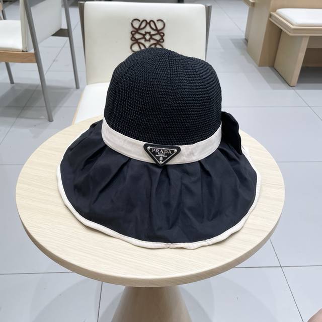 Prada普拉达黑胶帽子女款夏季出游防紫外线遮阳防晒帽大檐蝴蝶结渔夫帽太阳帽