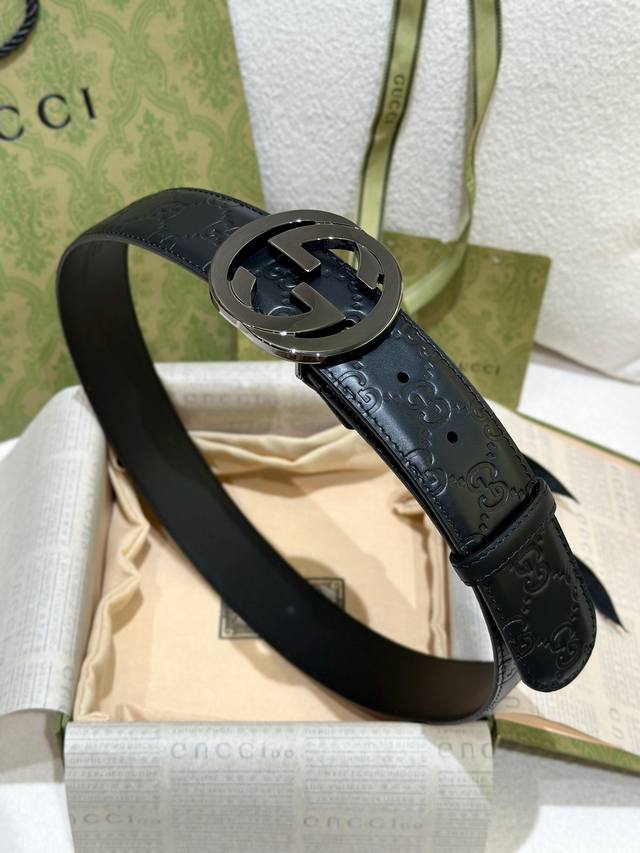 Gucci 经典全皮压花，专柜新版Logo横标，原版进口南非皮底，精品双G钢扣 高端品质，不惧对比，宽度：40Mm 原单130
