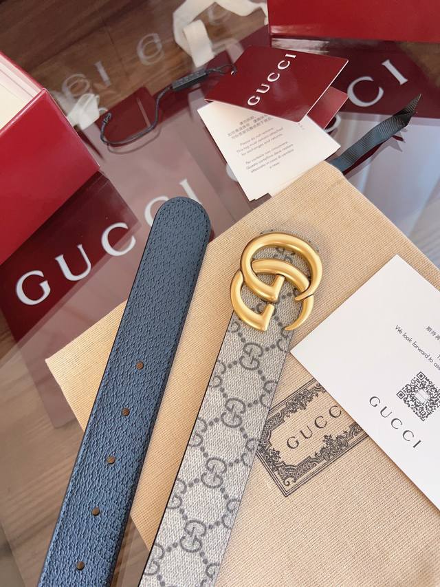 绝美Gucci 双G男士新款腰帶 專櫃同步 寬3.5厘米 帶身帆布杏老花-拼進口猪皮紋黑色 精緻真空電鍍双G鋼扣 雙面可用