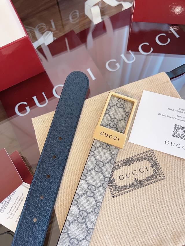 绝美Gucci 方扣男士新款腰帶 專櫃同步 寬3.5厘米 帶身帆布杏老花-拼進口猪皮紋黑色 精緻真空電鍍方型鋼扣 雙面可用