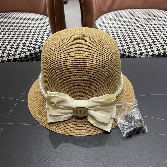 迪奥Dior草帽法式复古大珍珠蝴蝶结防晒草帽女 夏季遮阳盆帽渔夫帽可折叠