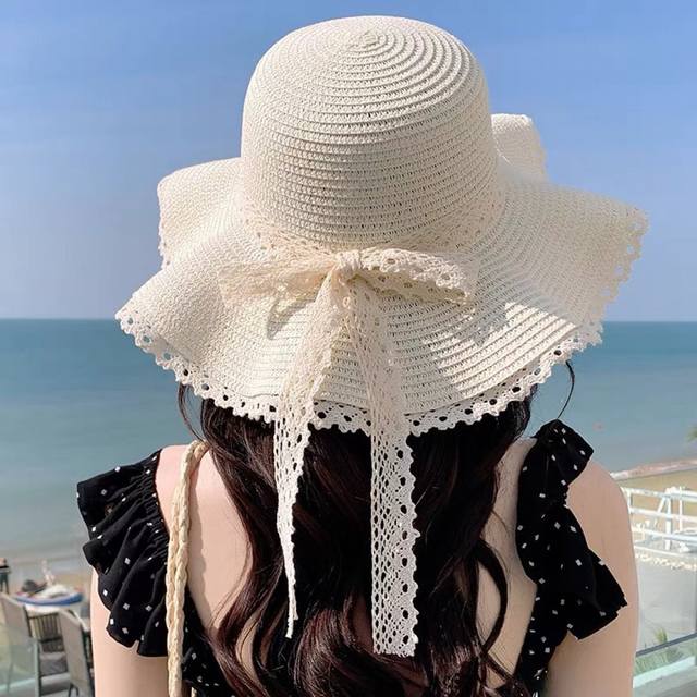 巴黎世家 Balenclaga法式花边蕾丝草帽女夏凉帽防晒海边沙滩遮阳 帽大帽草编渔夫太阳帽