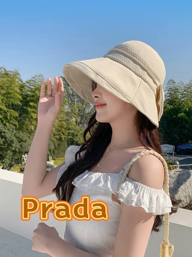 Prada普拉达蝴蝶结渔夫帽子女春夏季韩版出游百搭时尚素颜遮脸显脸小防晒盆帽