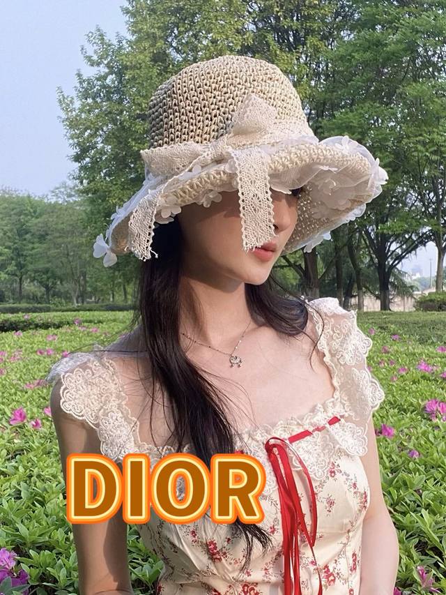 Dior迪奥草帽2025新款网纱立体小花蝴蝶结草帽女夏出游防晒太阳遮阳帽子