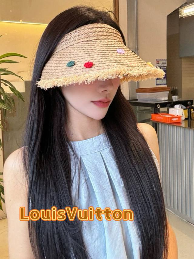 路易威登棒球帽 Louisvuitton多巴胺拉菲草遮阳空顶帽子女2025年春新款海边度假防紫外线草帽潮