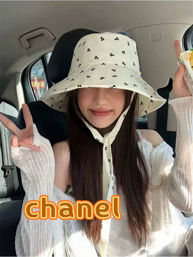 Chanel香奈儿2025新款樱桃图案渔夫帽子女百搭小清新遮阳绑带出游度假防晒盆帽