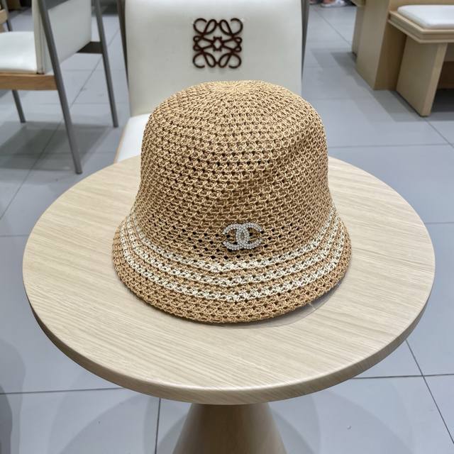 Chanel香奈儿手工钩织帽子女韩版百搭镂空透气夏天薄款条纹遮阳草编盆帽水桶帽