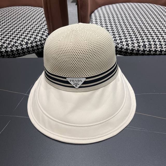 Prada普拉达宽檐鸭舌帽子女夏季大帽檐编织韩版渔夫帽百 搭款透气网眼防晒帽子