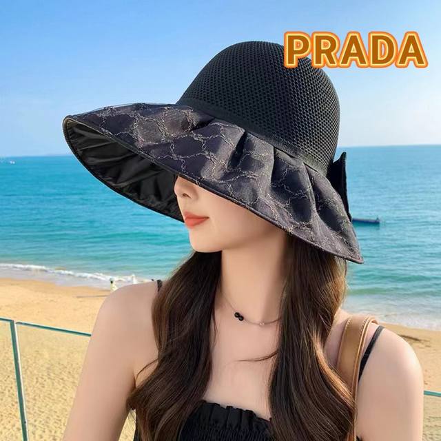 Prada普拉达 新款夏季渔夫帽女士大檐防紫外线沙滩帽子防晒遮阳出游太阳帽