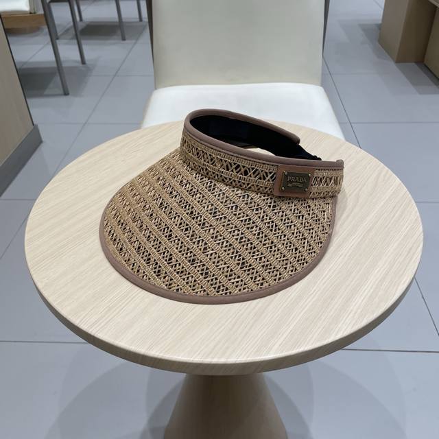 普拉达Prada夏季草编黑胶空顶帽女韩系大檐户外出游防晒遮阳帽遮脸可折叠帽子