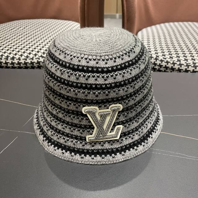 Lv路易威登 韩国进口时尚编织盆帽女春夏季透气 遮阳帽子文艺条纹水桶帽渔夫帽