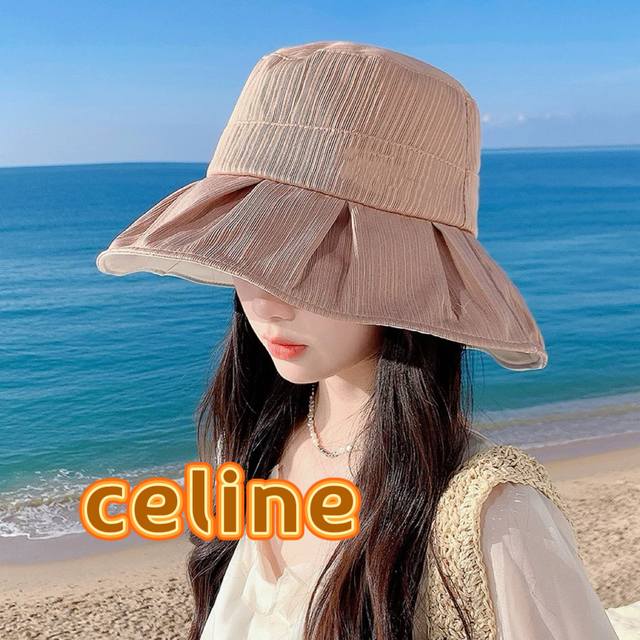 Celine塞琳2025新款渔夫帽女遮脸防晒帽子夏季海边黑胶防紫外线遮阳太阳帽子