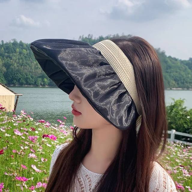 Prada普拉达夏季新款大檐空顶帽子女出游度假海 边可折叠遮阳帽防紫外线太阳帽