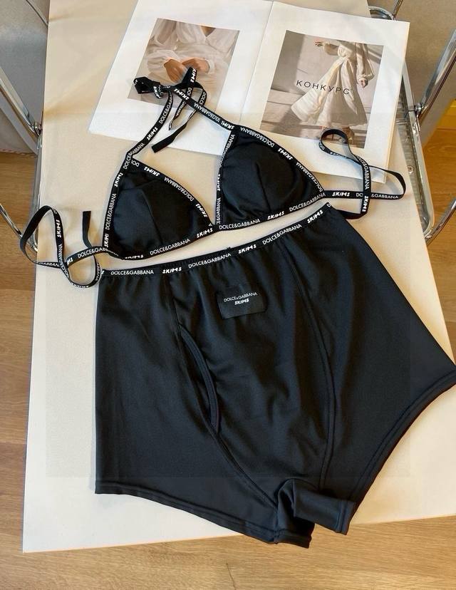 D&G杜嘉班纳新款织带比基尼分体泳衣套装 黑色白色ＳＭＬ