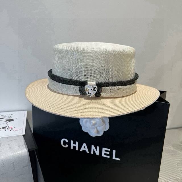 Chanel香奈儿平顶麻纱帽，高级礼帽，头围57Cm