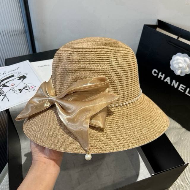 Chanel香奈儿草帽，蝴蝶结盆帽，名媛风Pp草帽，头围57Cm