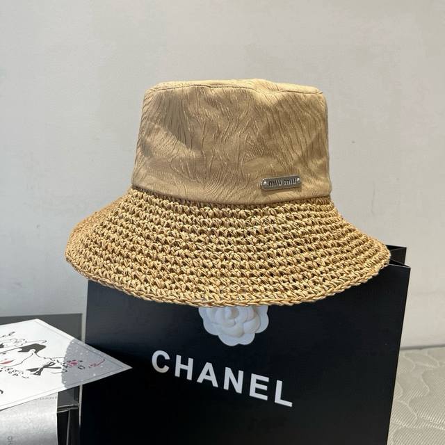 Miumiu缪缪新款渔夫帽，编织拼接金丝面料，头围57Cm