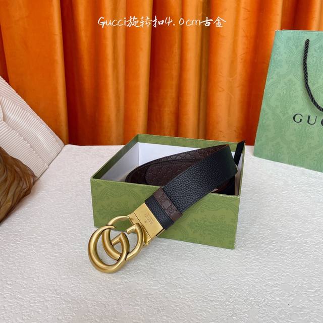 Gucci新款腰带，一面经典荔枝纹，一面咖色压小花，搭配专柜精品旋转扣，两面可用，宽4.0Cm