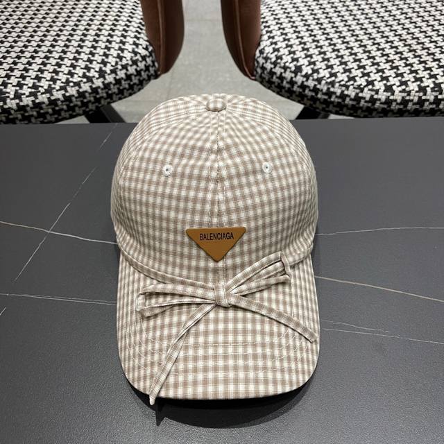 Balenciaga巴黎世家韩系格纹棒球帽子女春夏新款小清新蝴蝶 结百搭鸭舌帽大头围显脸小