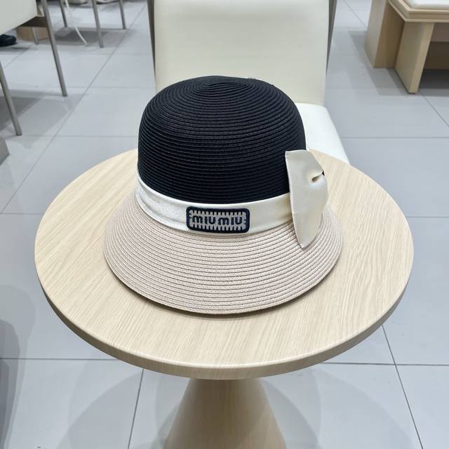 缪缪Miumiu草帽法式拼色显脸小夏季草帽女复古百搭出游防晒遮阳帽沙滩帽