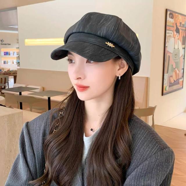 普拉达 Prada 日系复吉皮质纹理八角帽子女春秋季 英伦风贝雷帽百搭休闲报童帽潮