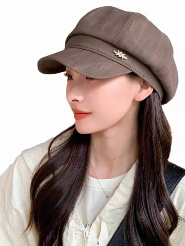 普拉达 Prada 日系复吉皮质纹理八角帽子女春秋季 英伦风贝雷帽百搭休闲报童帽潮