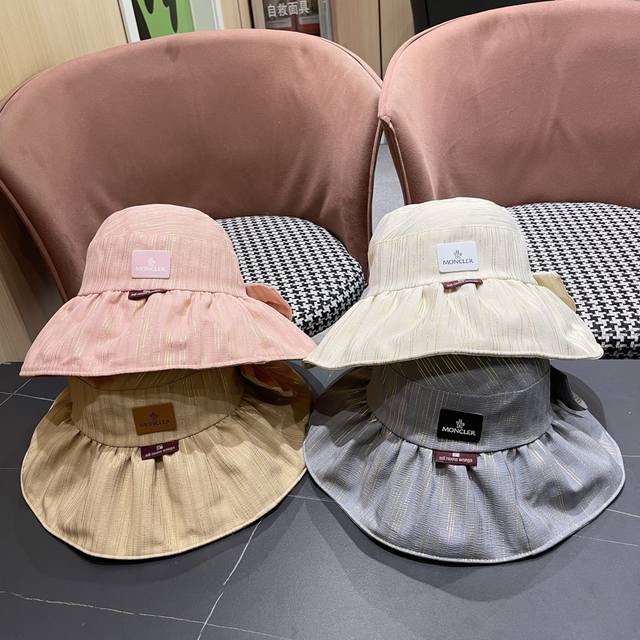 蒙囗Moncler2025新款帽子纯色彩胶蝴蝶结渔夫帽户外防紫 外线太阳帽夏季遮阳帽