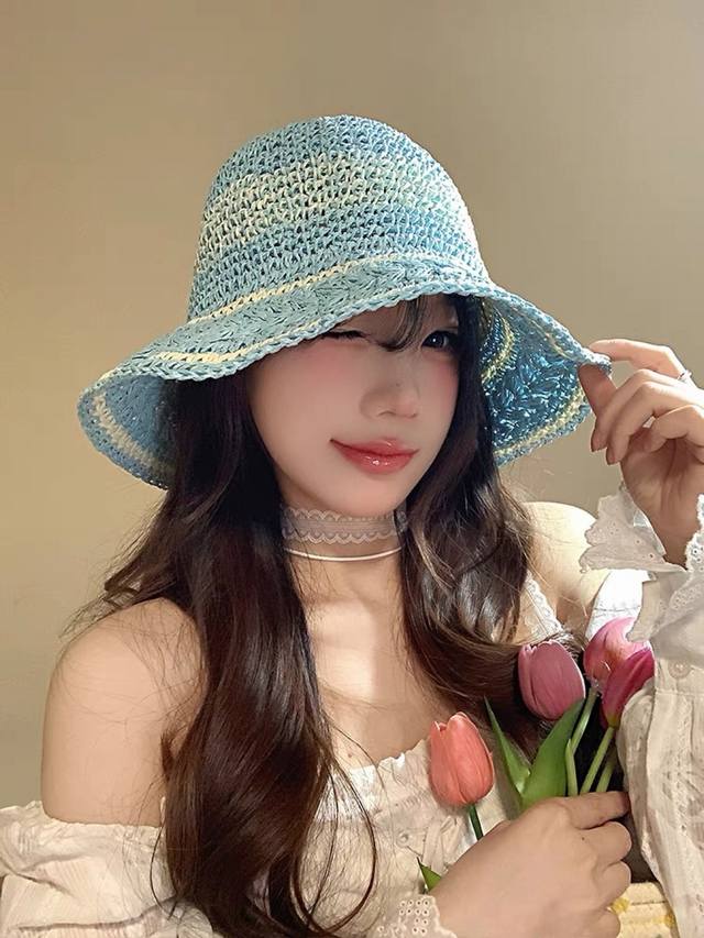 蒙囗Moncler海边度假条纹手工编织渔夫帽女夏法式镂空大帽檐遞阳防晒草帽