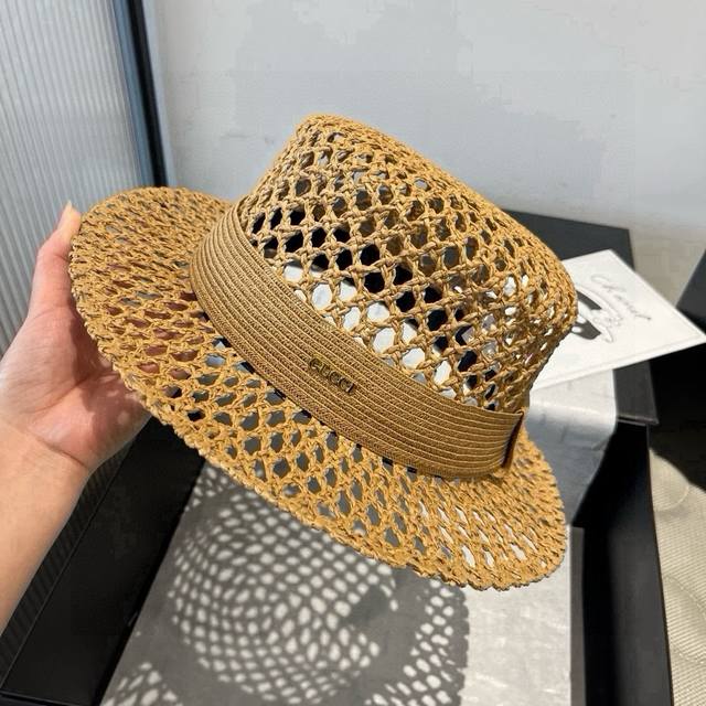 Gucci古奇平顶礼帽，镂空遮阳帽，小礼帽，头围57Cm
