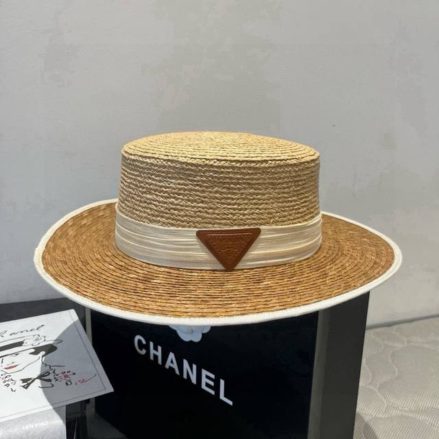 普拉达新款平顶礼帽，高级Pp草面料，头围57Cm