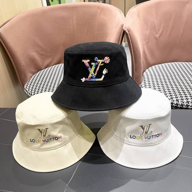 Lv 路易威登新2025新款渔夫帽女春秋百搭盆帽男休闲遮阳帽 子潮牌字母刺绣