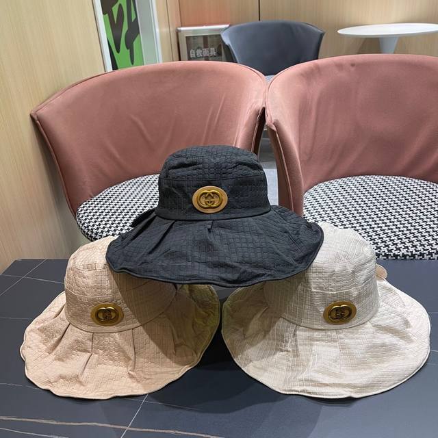 Gucci古2025新款女士简约有型盆帽撞色边系带蝴蝶结春夏薄款百搭01