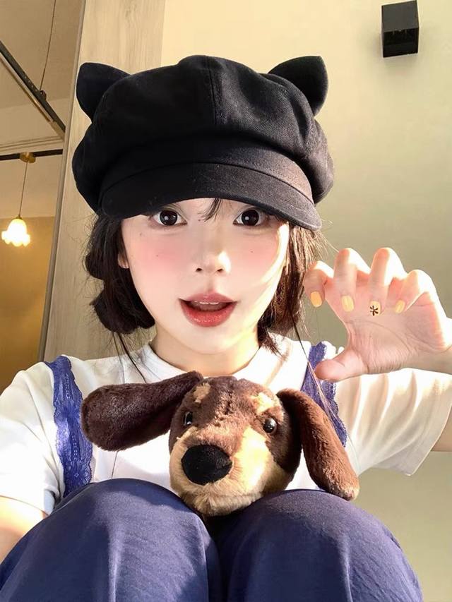 迪奥 可爱猫耳朵贝雷帽女日系百搭显脸小八 角帽复古大头围黑色画家帽子