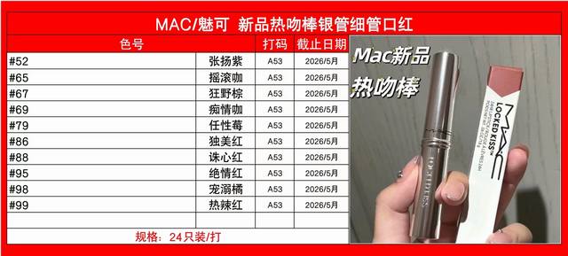 Mac新品热吻棒银细管口红 一比一质量色：52#，65#，67#，69#，79#，86#，88#，95#，98#，99#。 Mac 魅可 新品热吻棒银细管口红
