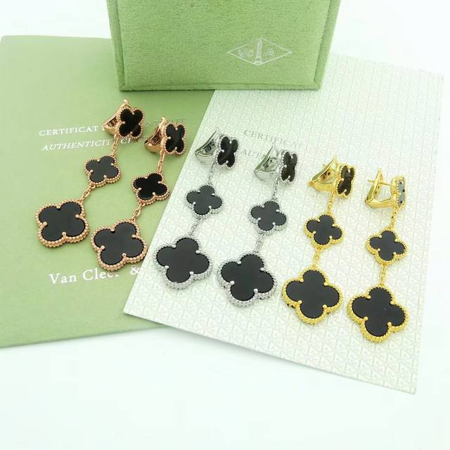 精工高版本Vca Sweet系列，三花四叶草耳钉 天然石头镶嵌耳环真实细节呈现！梵克雅宝Vca 四叶草系列出货。银针+亚金材质定制电镀18K金工艺 Logo 完