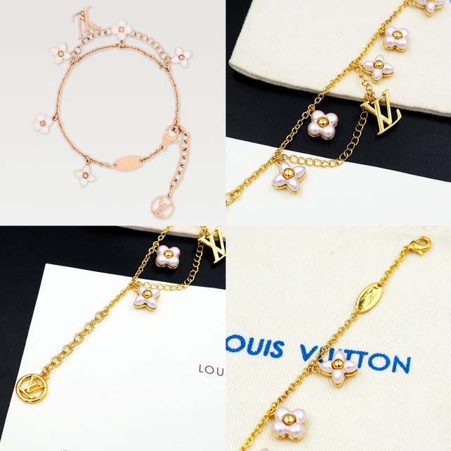 驴家Lvfloragram 手链于双链条分别悬挂Lv宇母和 Monogram 花卉，再为后者点缀撞色珠光树脂花瓣，令典雅设计流露浪漫气息。 手链Xb838