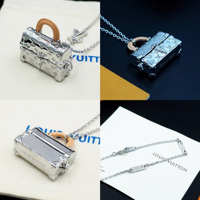 驴家Lv 手提包项链向路易威登皮具系列致意，将经典 Keepall 手袋化为袖珍装饰，其上镂刻Monogram 图案，印证精湛匠艺和工致细节。可调节链条的 Lv