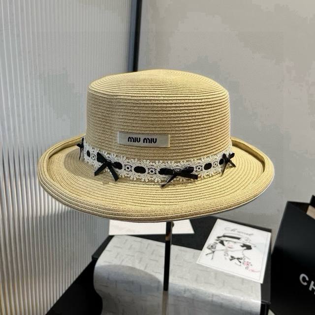 Miumiu缪缪新款平顶草帽，卷边小礼帽，头围57Cm
