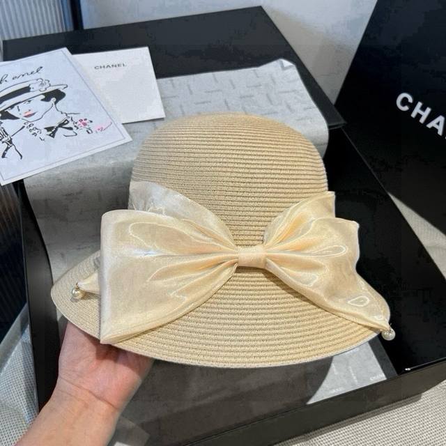 Chanel香奈儿草帽，蝴蝶结盆帽，名媛风pp草帽，头围57Cm