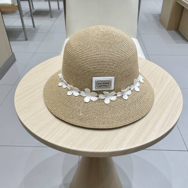prada蕾丝小花细草编礼帽女夏季沙滩遮阳帽太阳渔夫帽防晒显脸小大头围