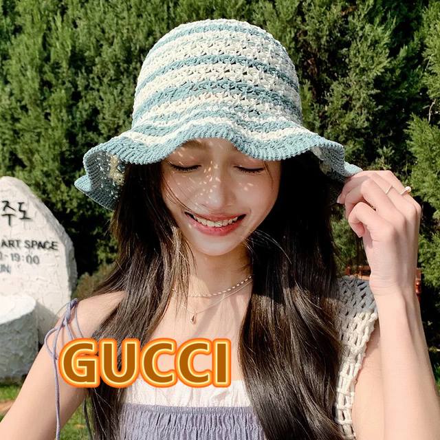 Gucci古奇日系针织卷边镂空渔夫帽子女春夏季2025新款透气遮阳防晒帽子盆帽