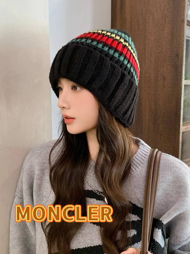 Moncler蒙口拼色条纹针织帽子女2025秋冬季新款韩系简约小众防寒保暖毛线帽潮