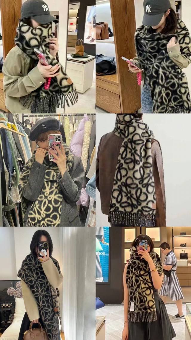 Loewe罗意威新品羊毛马海毛围巾 初秋奶茶女孩老钱风超嗲穿搭，初秋和奶茶色真的好搭大地色温柔又耐看，超高颜值，梦幻配色羊毛+马海毛，两端带有流苏，面料超级舒适