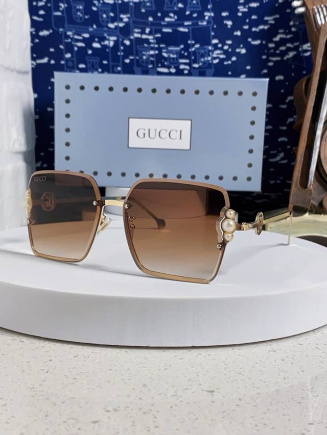Gucci古奇 2025新款方形珍珠金属太阳镜女 无框复古墨镜新款潮流个性