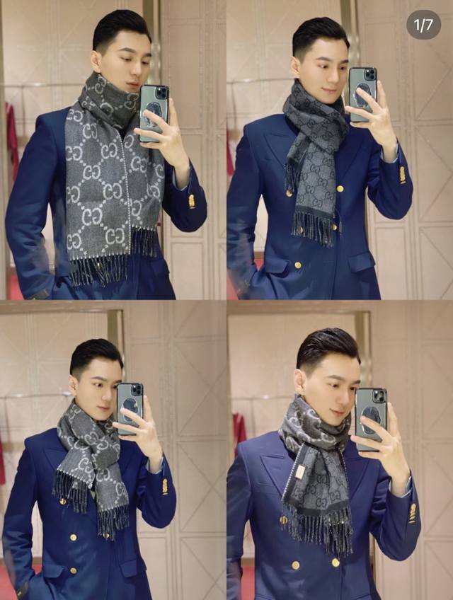 牛稳稳的“高段位”！！全网最高版本 时髦过冬！！Gucci秋冬新款提花双面围巾！高端奢华，非常重工的双面老花设计，正反两面都采用Gg图案，灵动而又不失俏皮。高级