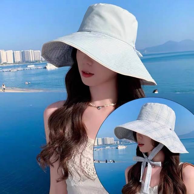 prada普拉达韩版系带遮阳帽子女户外夏季双面可戴大帽檐 太阳帽防晒遮脸渔夫帽